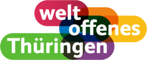 Logo weltoffenes Thüringen in weißer Schrift , oval umrandet in verschiedenen Farben (Regenbogen-Farben)
